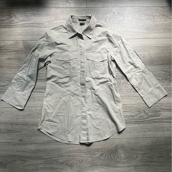 Theory Tan Safari 100% Cotton Lightweight Long Sleeves Pockets Top Size S Summer - Picture 1 of 9